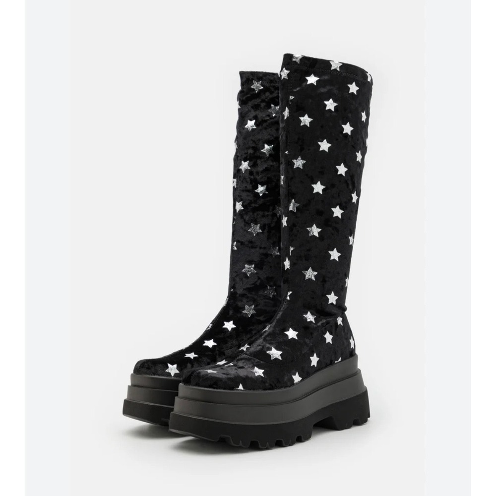 Koi Footwear Women Celestial Dusk Trident Velvet Star Platform Boots US 5 Black
